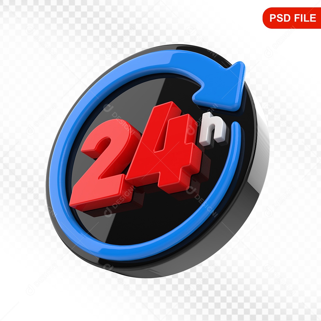 Elemento 3D Ícone Serviço 24 Horas Preto e Azul Para Composição PSD