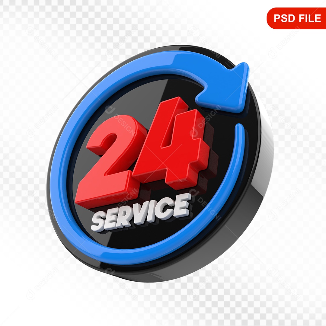 Elemento 3D Ícone Serviço 24 Horas Preto e Azul Para Composição PSD