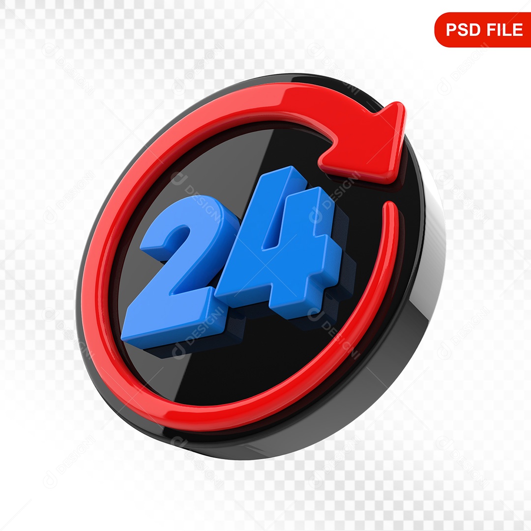 Elemento 3D Ícone Serviço 24 Horas Preto e Vermelho Para Composição PSD