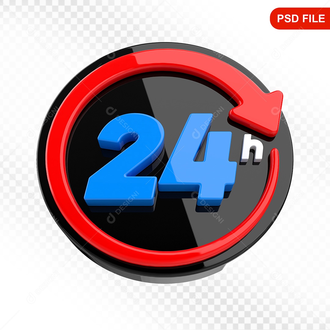 Elemento 3D Ícone Serviço 24 Horas Preto e Vermelho Para Composição PSD