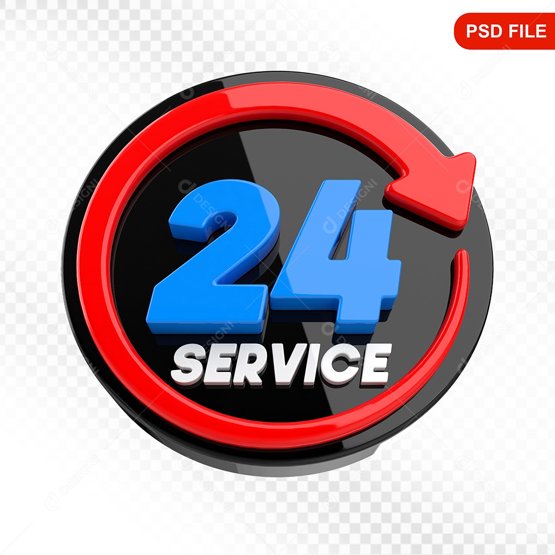 Elemento 3D Ícone Serviço 24 Horas Preto e Vermelho Para Composição PSD