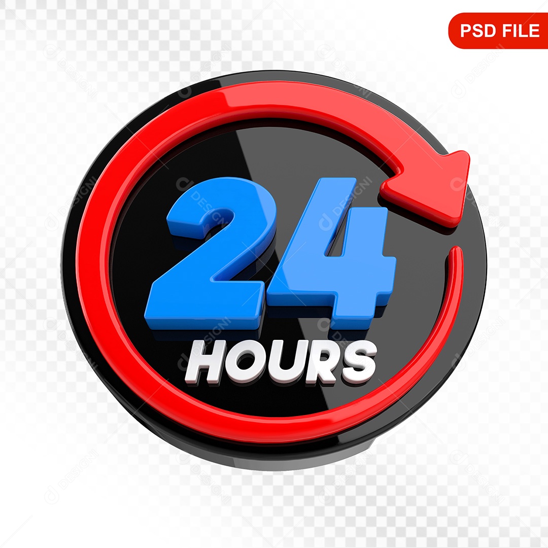 Elemento 3D Ícone Serviço 24 Horas Preto e Vermelho Para Composição PSD