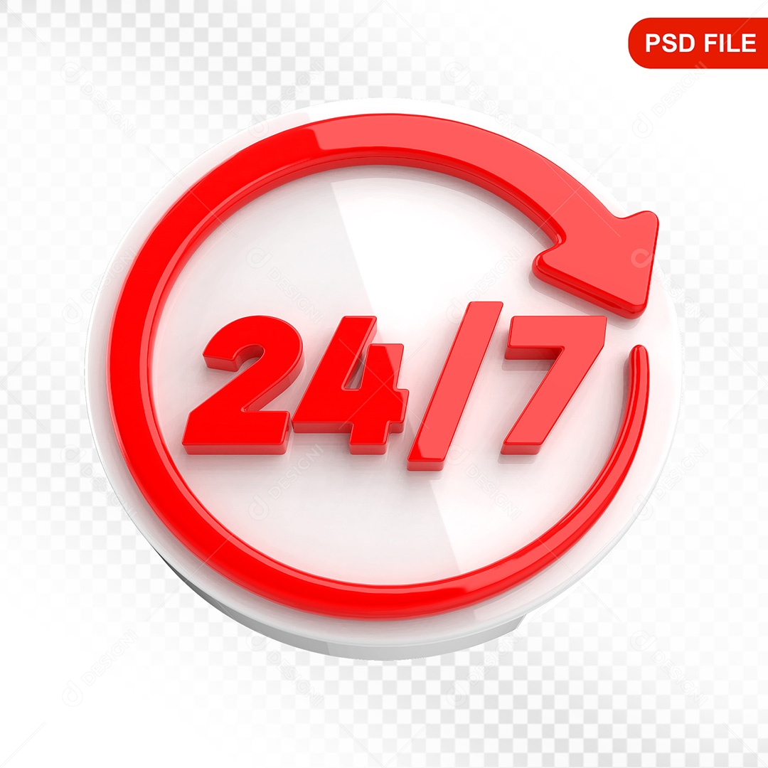 Elemento 3D Ícone Serviço 24 Horas 7 Dias Branco e Vermelho Para Composição PSD