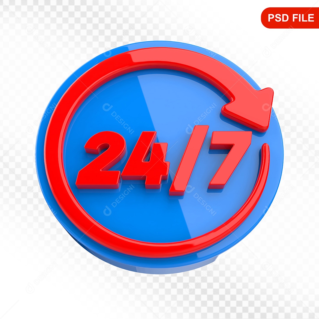 Elemento 3D Ícone Serviço 24 Horas 7 Dias Azul e Vermelho Para Composição PSD