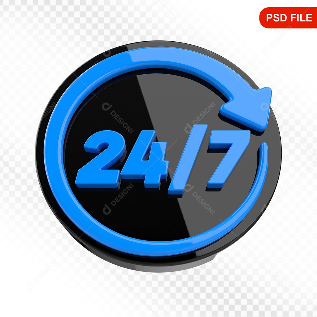 Elemento 3D Ícone Serviço 24 Horas 7 Dias Preto e Azul Para Composição PSD