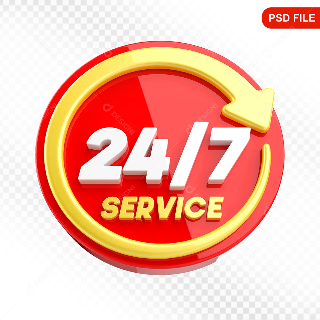 Elemento 3D Ícone Serviço 24 Horas 7 Vermelho e Amarelo Para Composição PSD