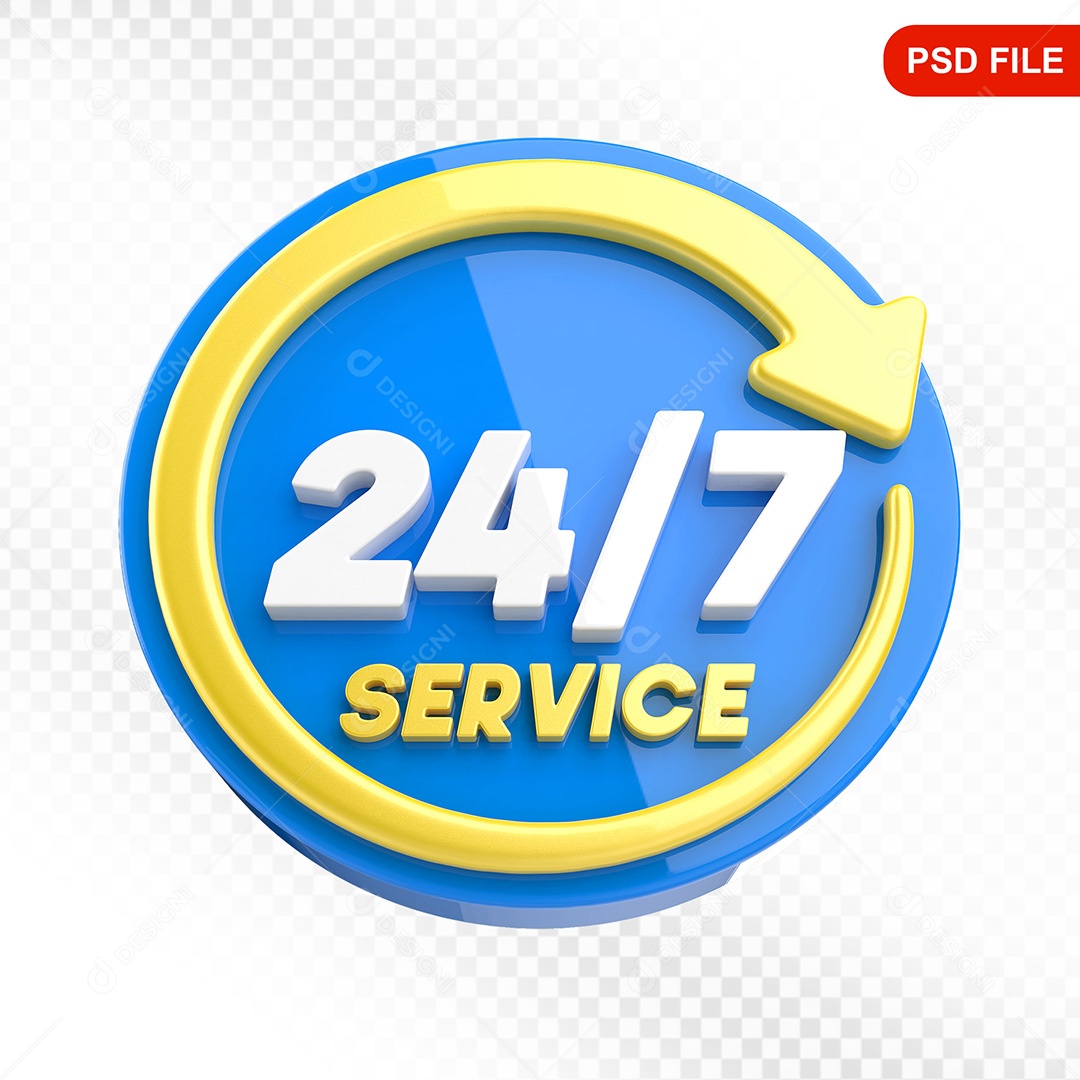 Elemento 3D Ícone Serviço 24 Horas 7 Dias Azul e Amarelo Para Composição PSD