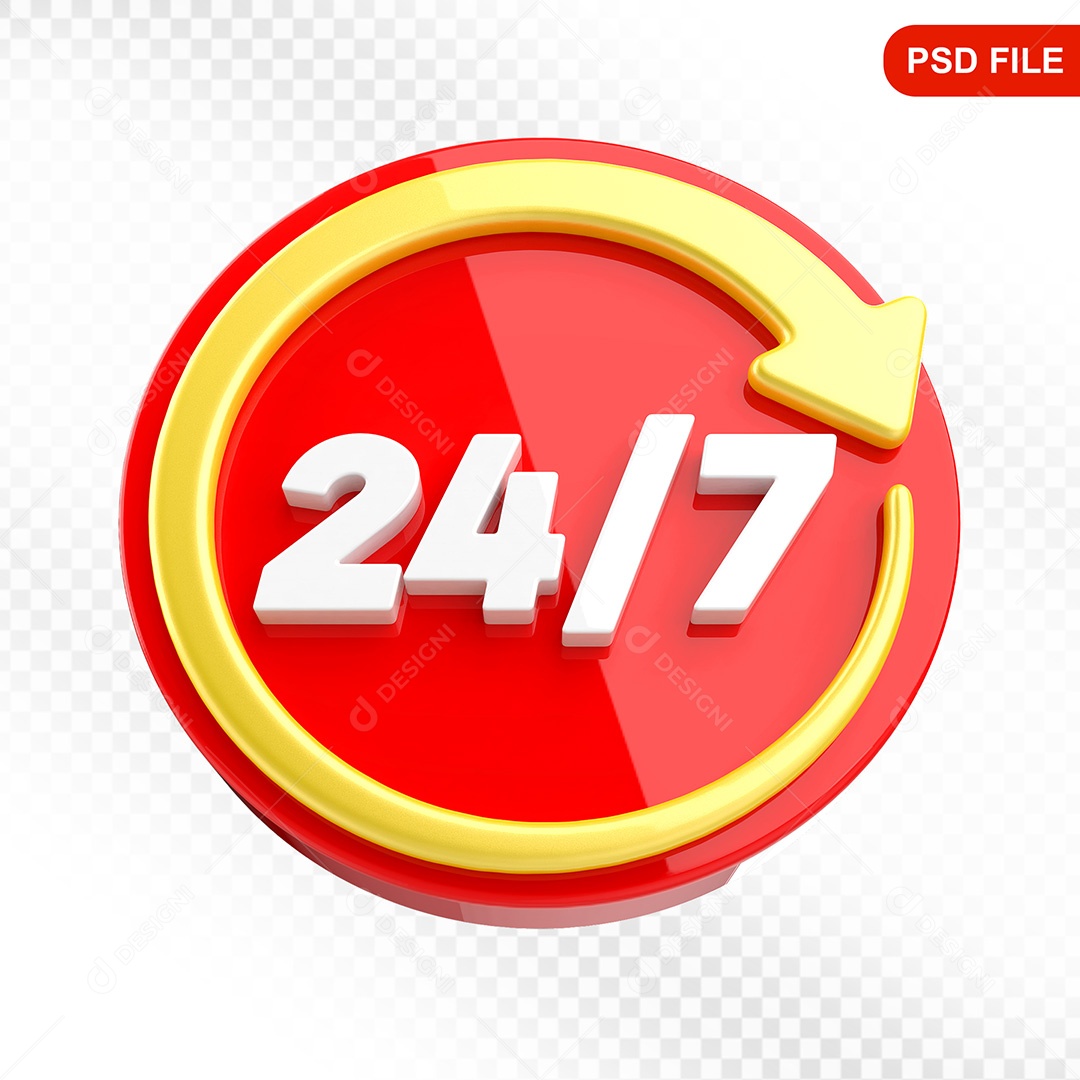 Elemento 3D Ícone Serviço 24 Horas 7 Dias Vermelho e Amarelo Para Composição PSD