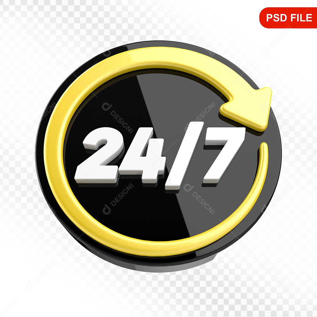 Elemento 3D Ícone Serviço 24 Horas 7 Dias Preto e Amarelo Para Composição PSD