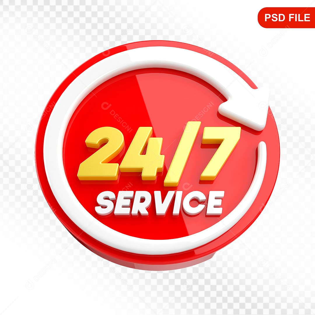Elemento 3D Ícone Serviço 24 Horas 7 Dias Vermelho e Branco Para Composição PSD