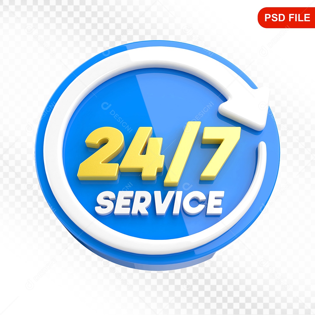 Elemento 3D Ícone Serviço 24 Horas 7 Dias Azul e Branco  Para Composição PSD