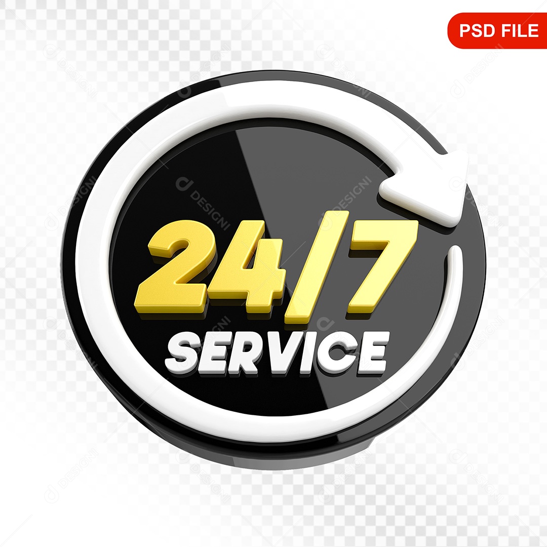 Elemento 3D Ícone Serviço 24 Horas 7 Dias Preto e Branco Para Composição PSD