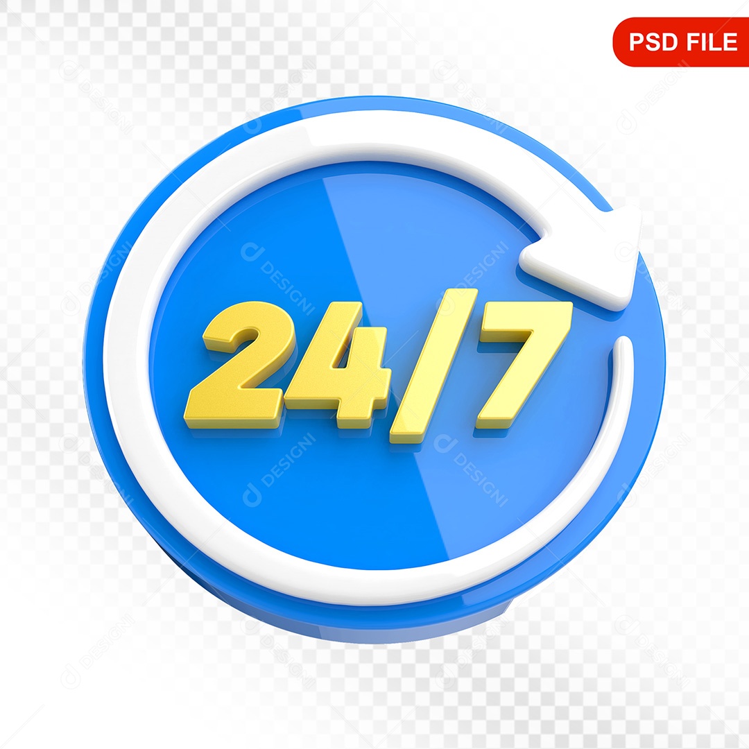 Elemento 3D Ícone Serviço 24 Horas 7 Dias Azul e Branco Para Composição PSD
