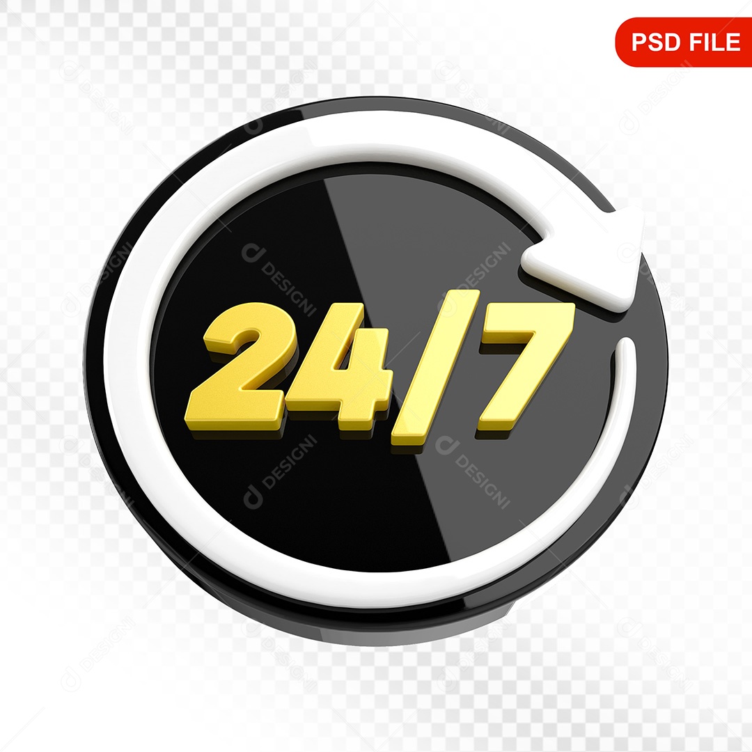 Elemento 3D Ícone Serviço 24 Horas 7 Dias Preto e Branco Para Composição PSD