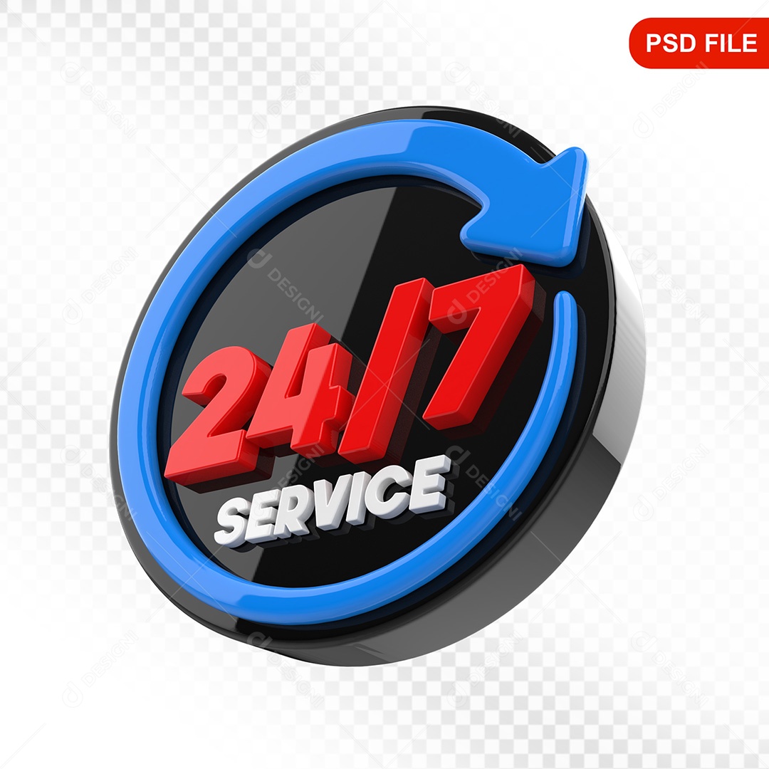 Elemento 3D Ícone Serviço 24 Horas 7 Dias Preto e Azul Para Composição PSD