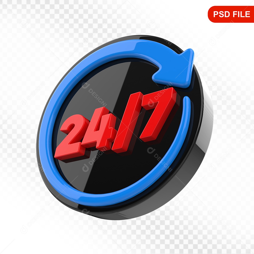Elemento 3D Ícone Serviço 24 Horas 7 Dias Preto e Azul Para Composição PSD