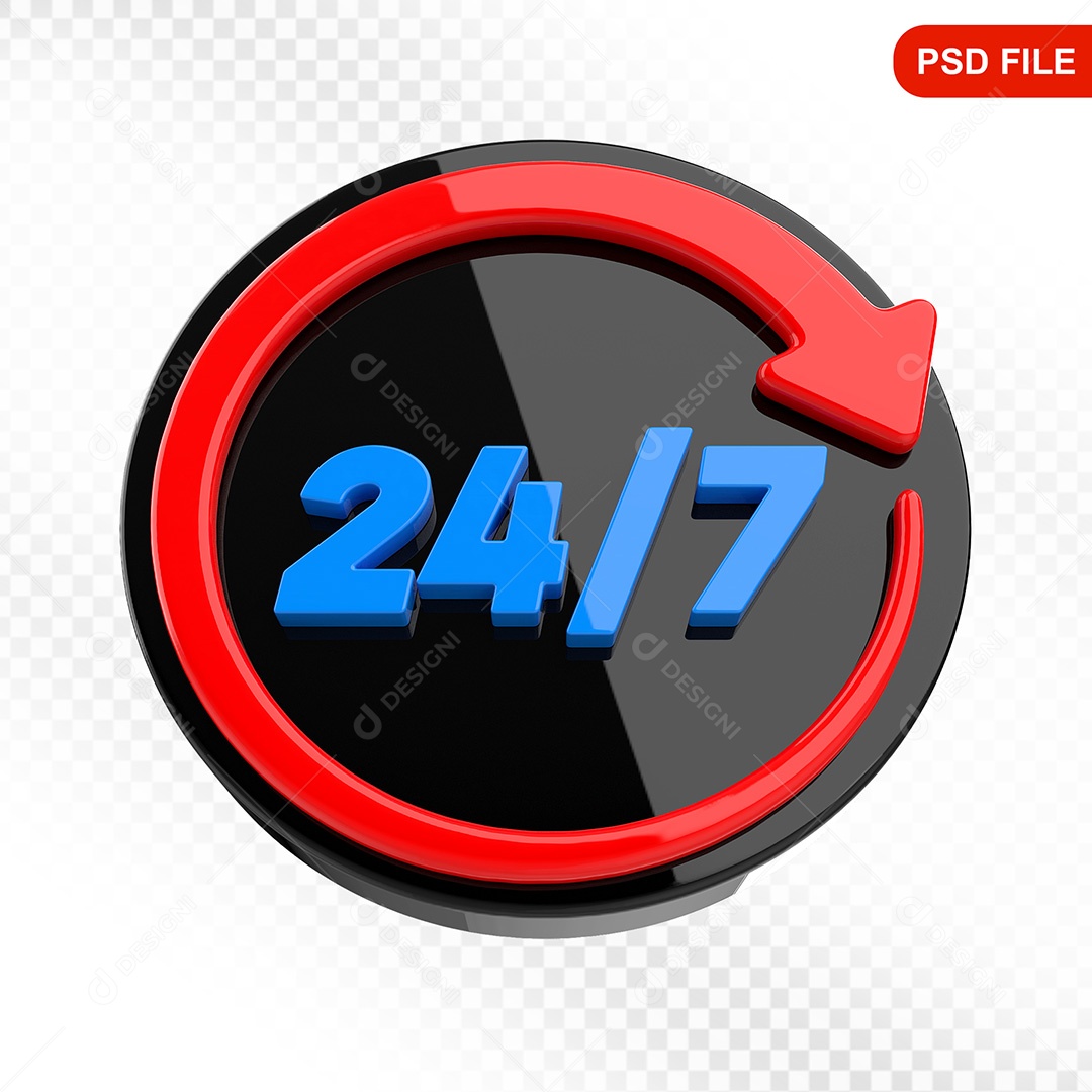 Elemento 3D Ícone Serviço 24 Horas 7 Dias Preto e Vermelho Para Composição PSD