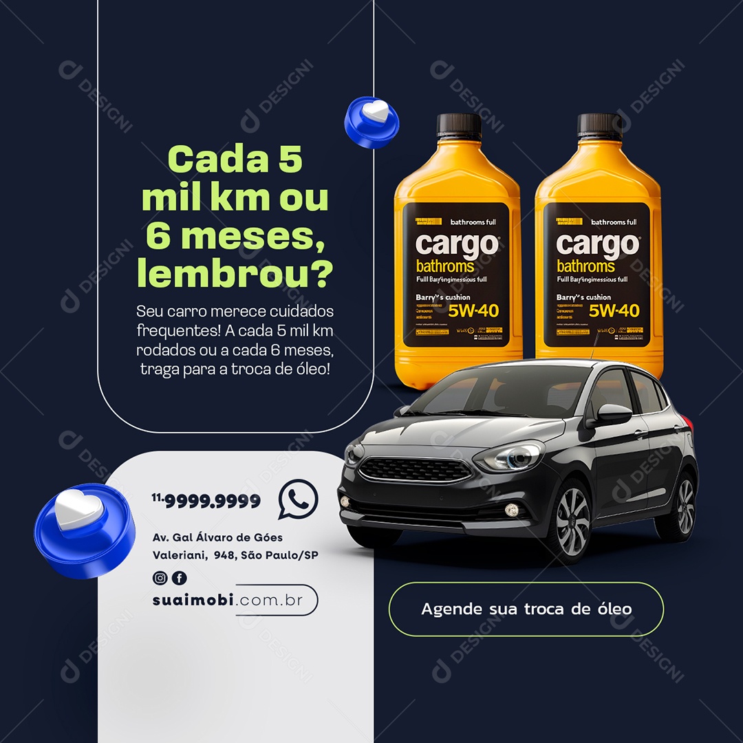 Oficina Mecânica Troca de Óleo Cada Cinco Mil Km ou Seis Meses Social Media PSD Editável