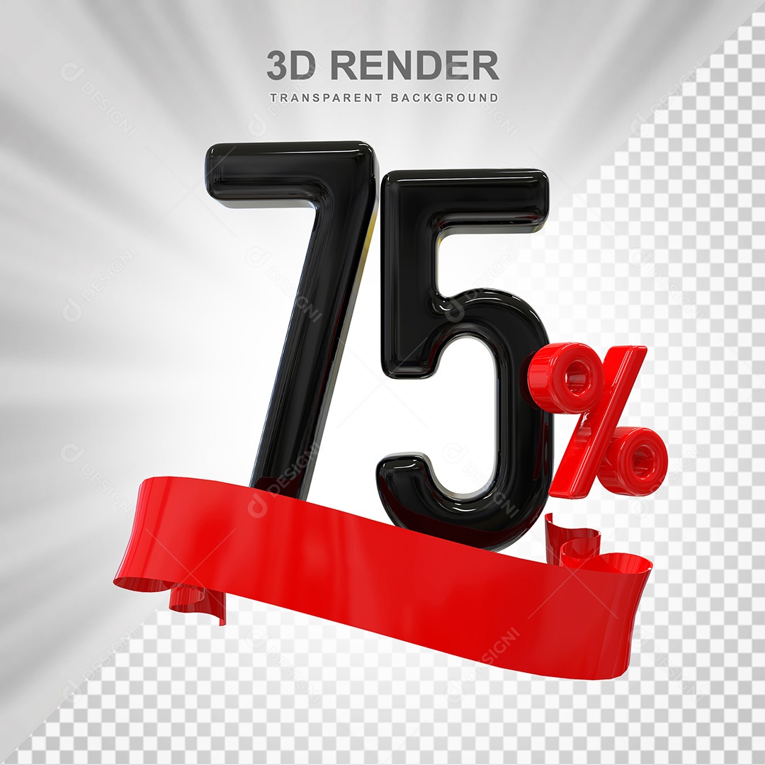 Número 3D 75% Preto e Vermelho Elemento Para Composição PSD
