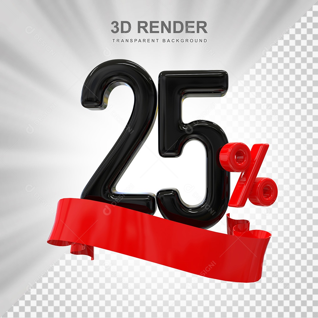 Número 3D 25% Preto e Vermelho Elemento Para Composição PSD