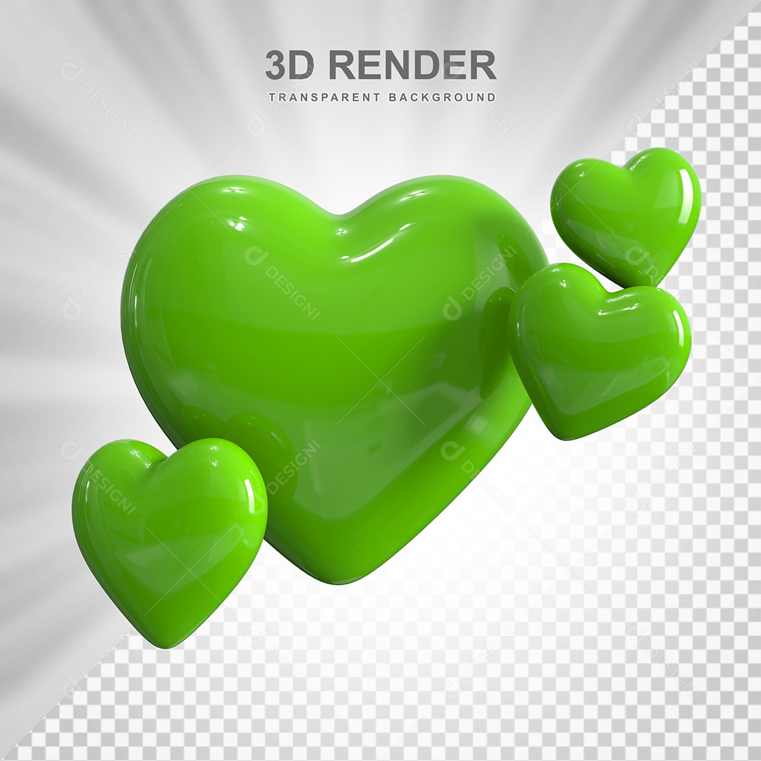 Corações Verdes Elemento 3D para Composição PSD