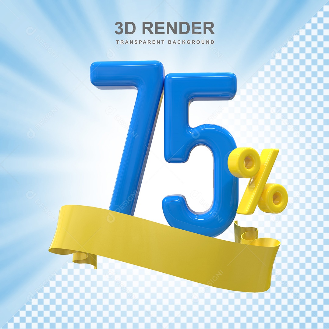 Número 3D 75% Azul e Amarelo Elemento Para Composição PSD