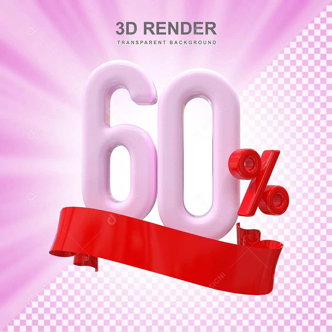 Número 3D 60% Rosa e Vermelho Elemento Para Composição PSD