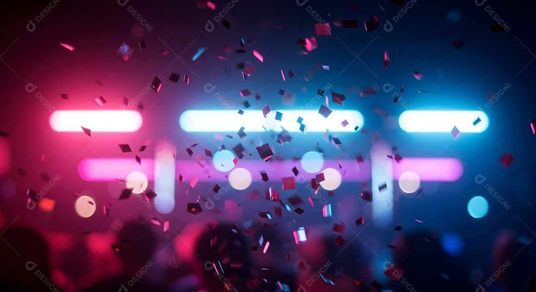 Imagem mostra uma cena de festa ou show com várias pessoas e luzes coloridas