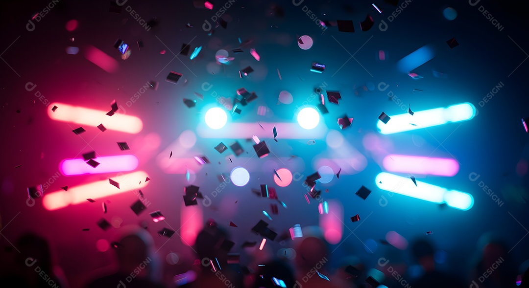 Imagem mostra uma cena de festa ou show com várias pessoas e luzes coloridas