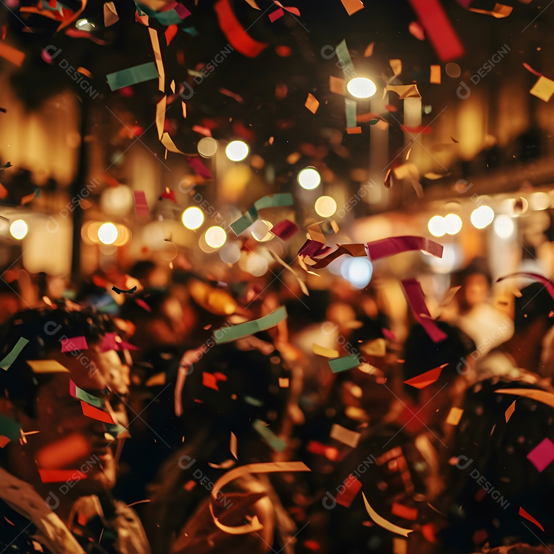 Imagem mostra uma cena de festa ou show com várias pessoas e luzes coloridas