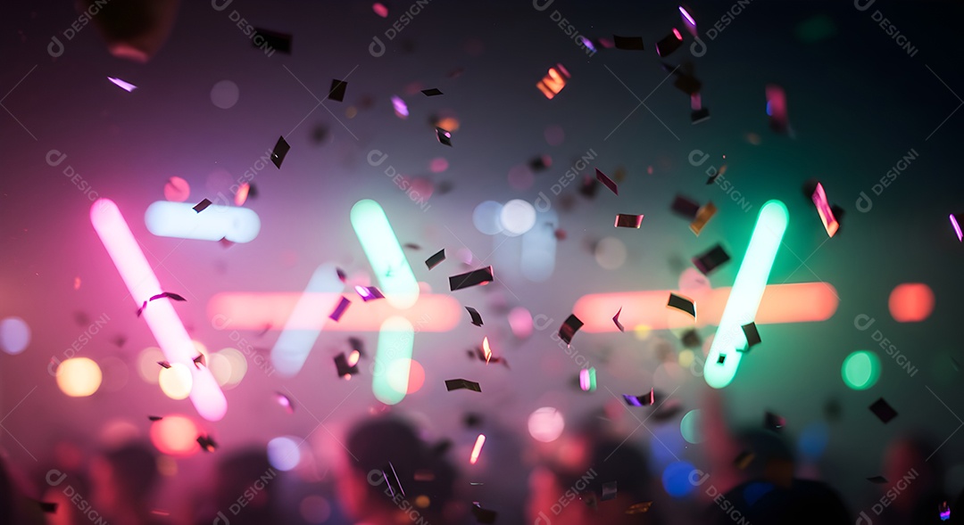 Imagem mostra uma cena de festa ou show com várias pessoas e luzes coloridas