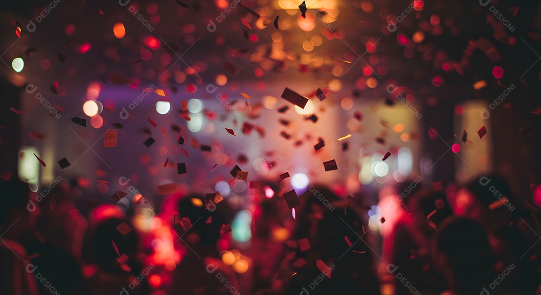 Imagem mostra uma cena de festa ou show com várias pessoas e luzes coloridas