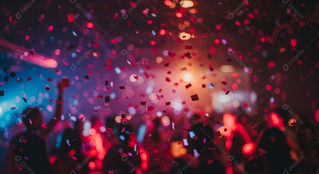 Imagem retrata um palco iluminado com luzes vibrantes em tons de azul e vermelho