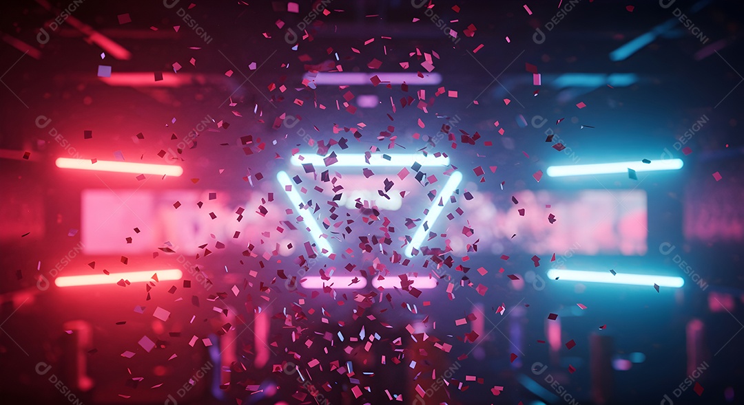 Imagem retrata um palco iluminado com luzes vibrantes em tons de azul e vermelho