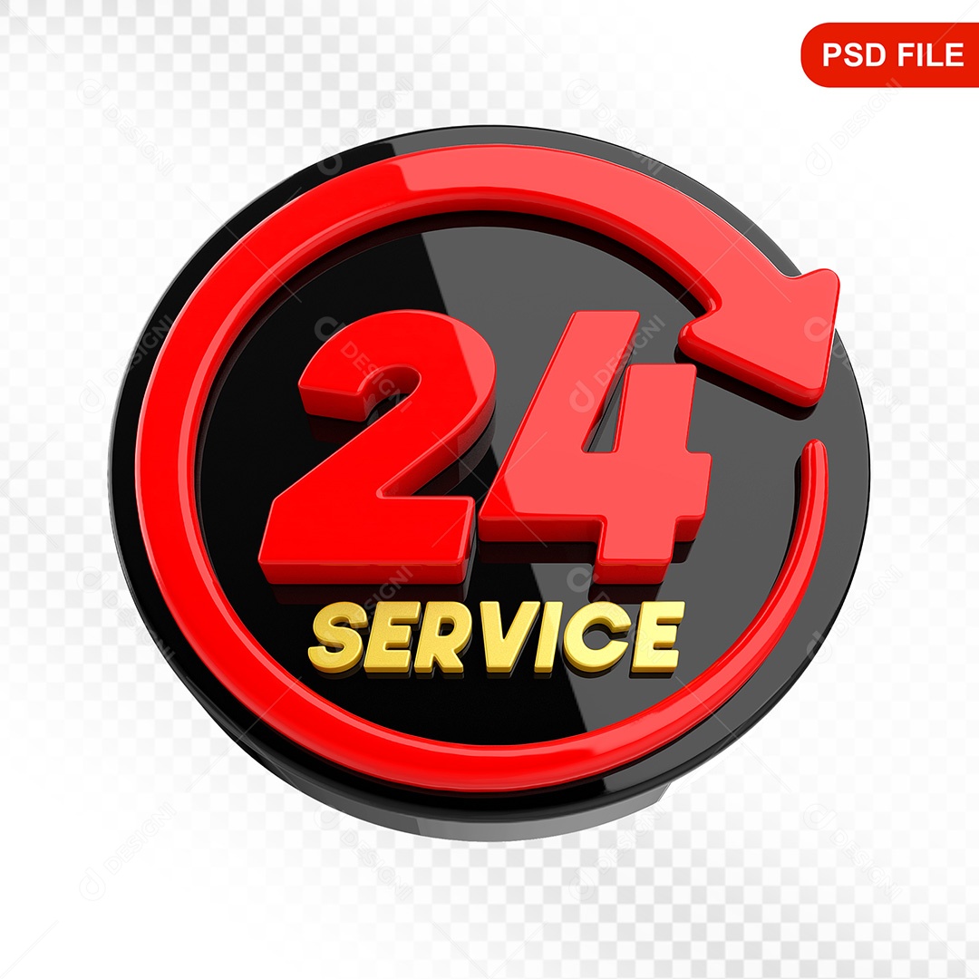Elemento 3D Ícone Serviço 24 Horas Preto e Vermelho Para Composição PSD