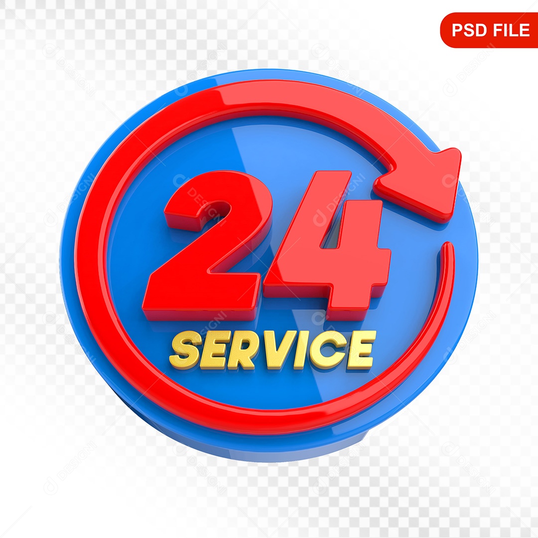Elemento 3D Ícone Serviço 24 Horas Azul e Vermelho Para Composição PSD