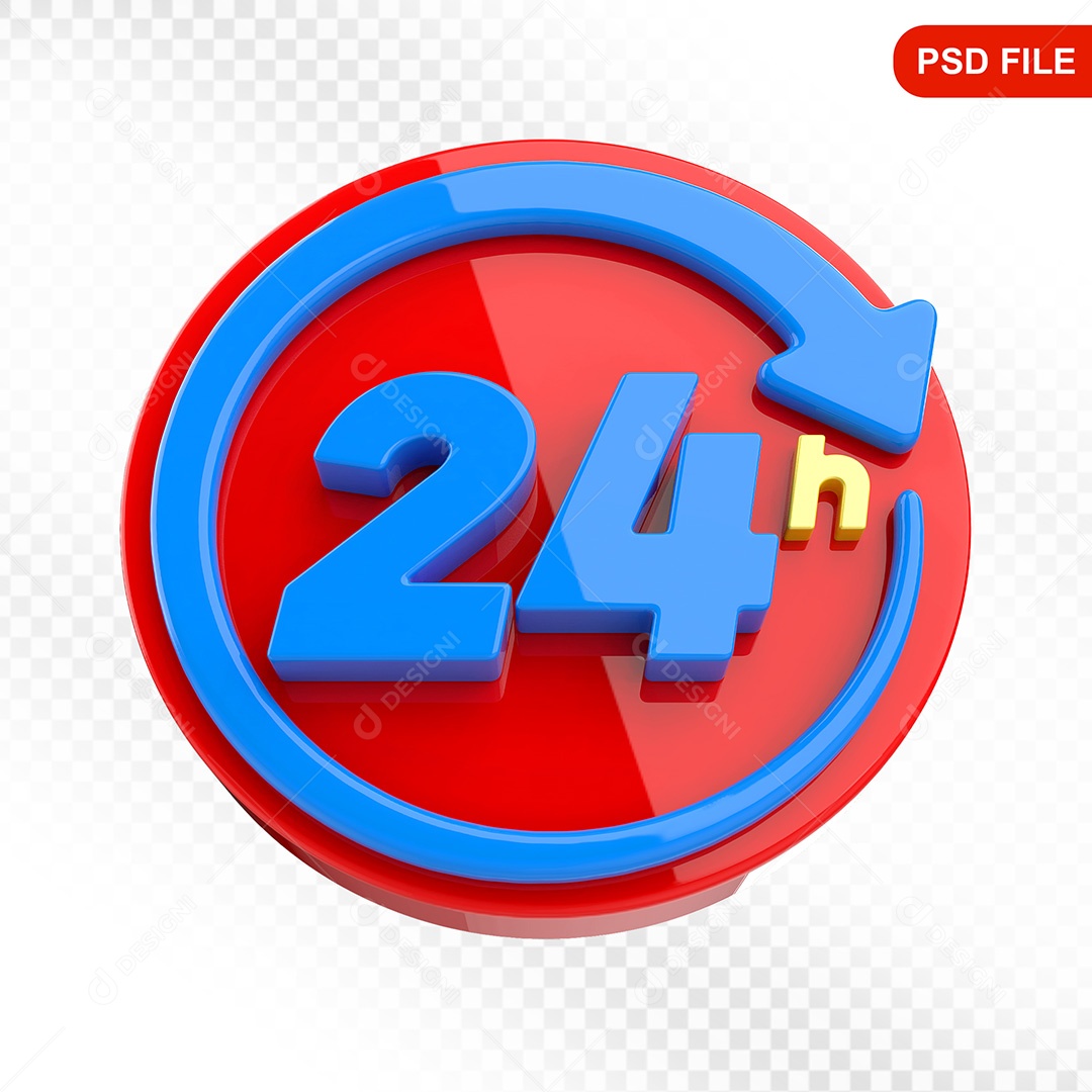 Elemento 3D Ícone Serviço 24 Horas Vermelho e Azul Para Composição PSD