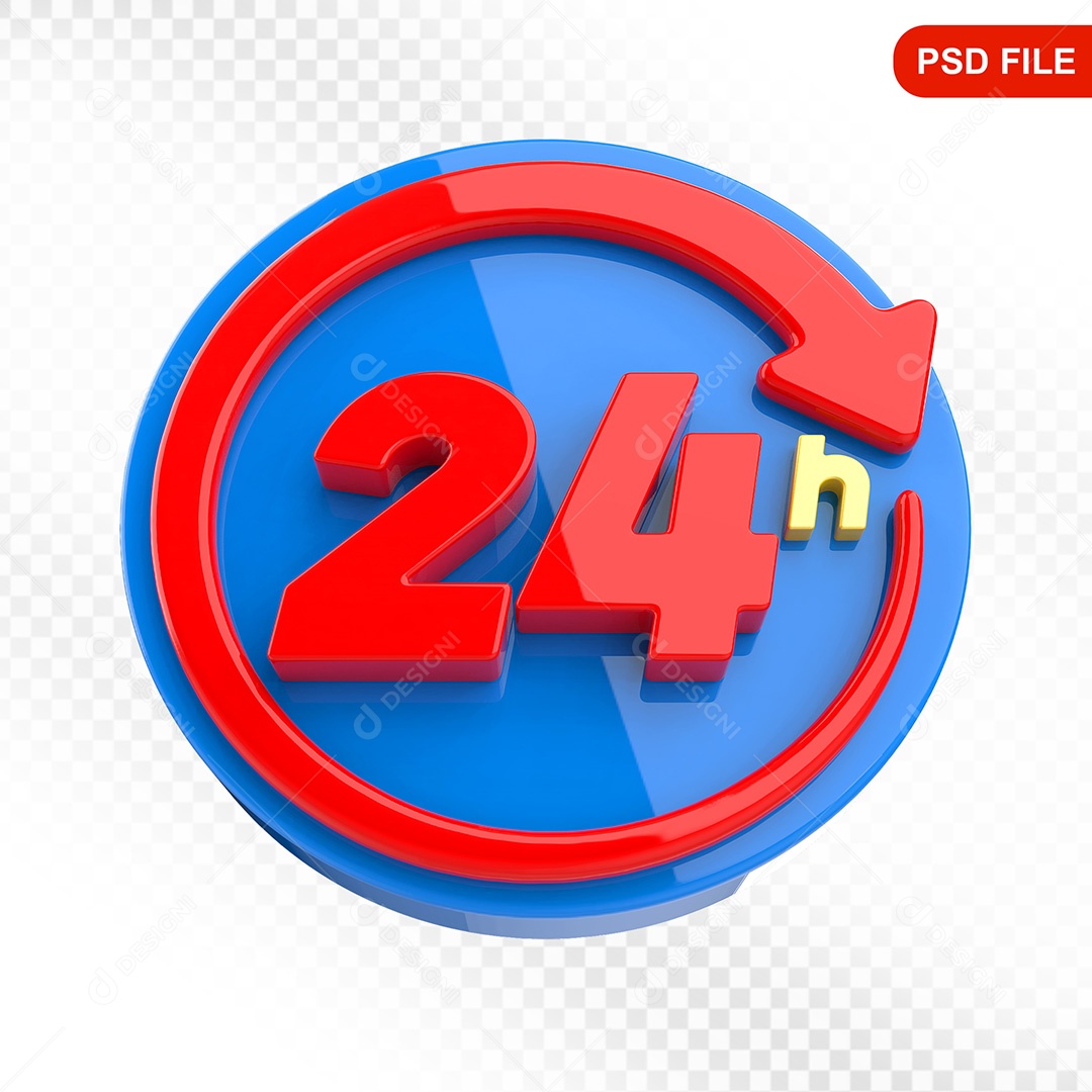 Elemento 3D Ícone Serviço 24 Horas Azul e Vermelho Para Composição PSD