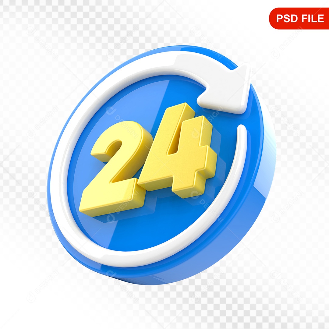 Elemento 3D Ícone Serviço 24 Horas Azul e Branco Para Composição PSD