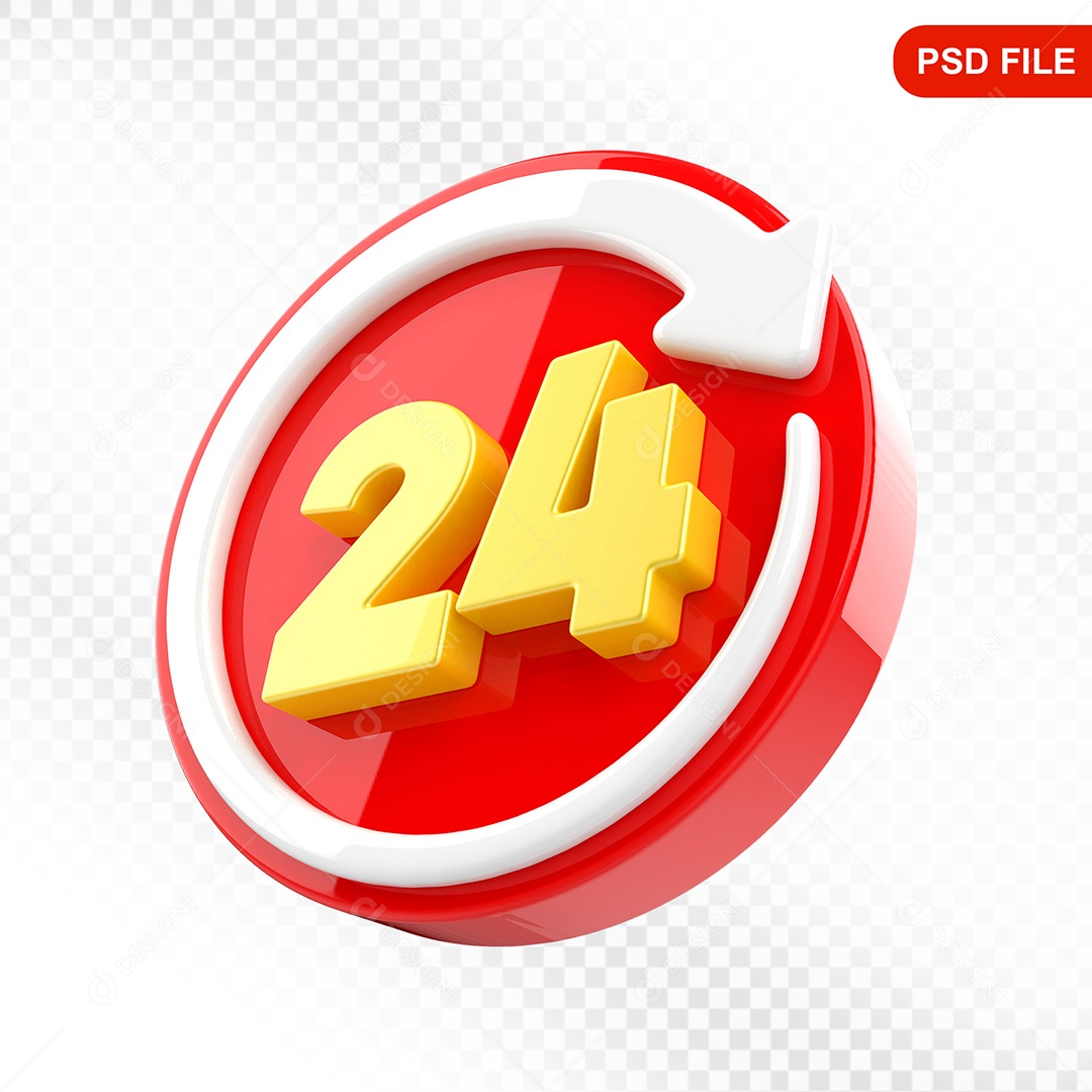 Elemento 3D Ícone Serviço 24 Horas Vermelho e Branco Para Composição PSD