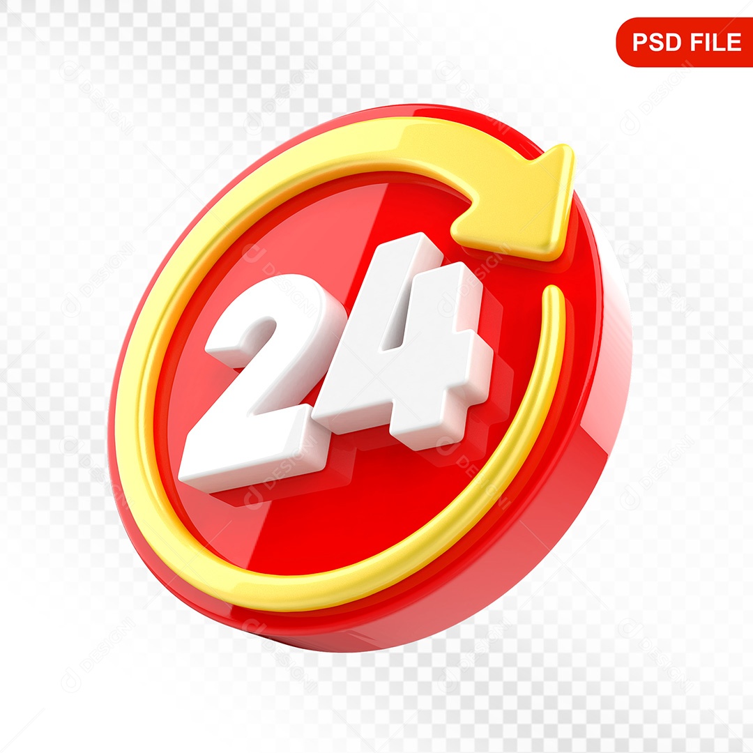 Elemento 3D Ícone Serviço 24 Horas Vermelho e Amarelo Para Composição PSD