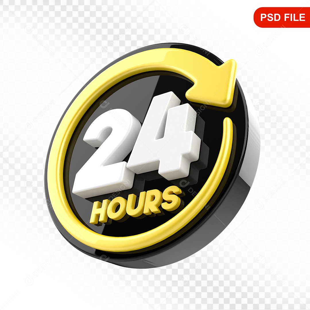Elemento 3D Ícone Serviço 24 Horas Preto e Amarelo Para Composição PSD