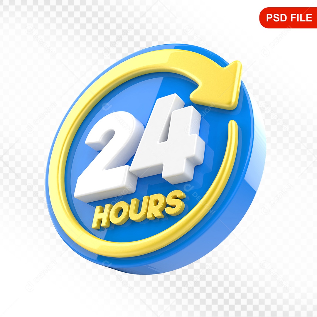 Elemento 3D Ícone Serviço 24 Horas Azul e Amarelo Para Composição PSD