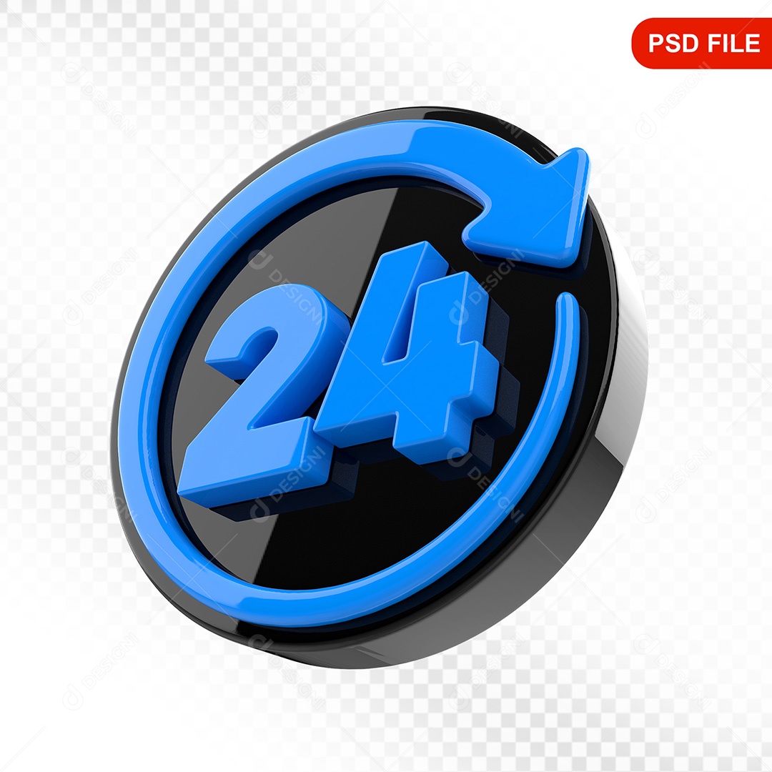 Elemento 3D Ícone Serviço 24 Horas Preto e Azul Para Composição PSD