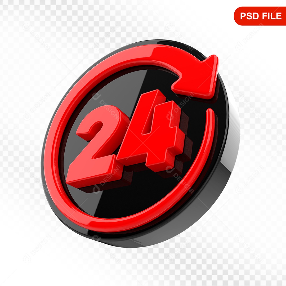 Elemento 3D Ícone Serviço 24 Horas Preto e Vermelho Para Composição PSD