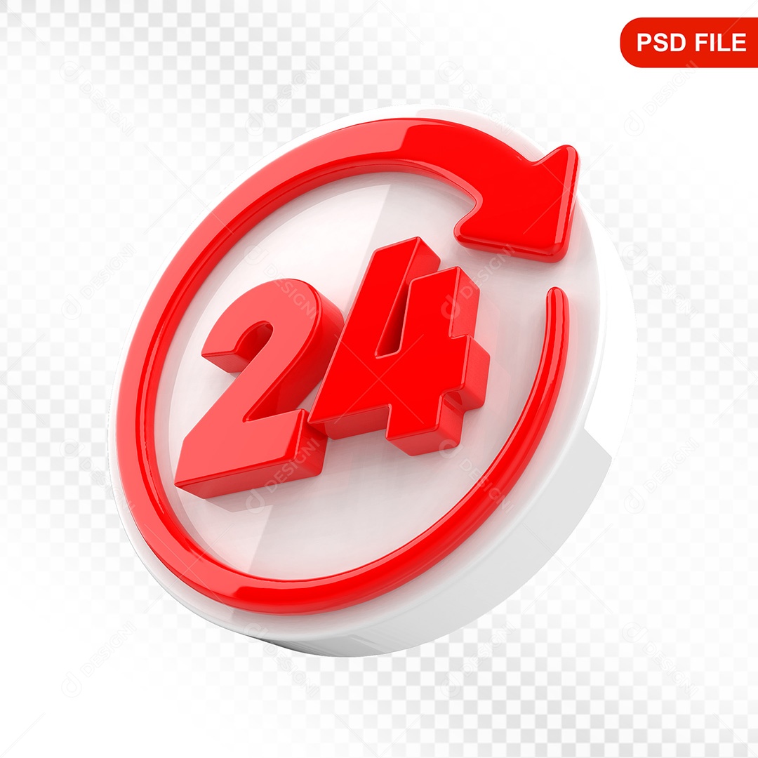 Elemento 3D Ícone Serviço 24 Horas Branco e Vermelho Para Composição PSD