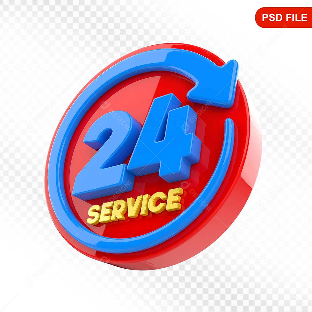 Elemento 3D Ícone Serviço 24 Horas Vermelho e Azul Para Composição PSD