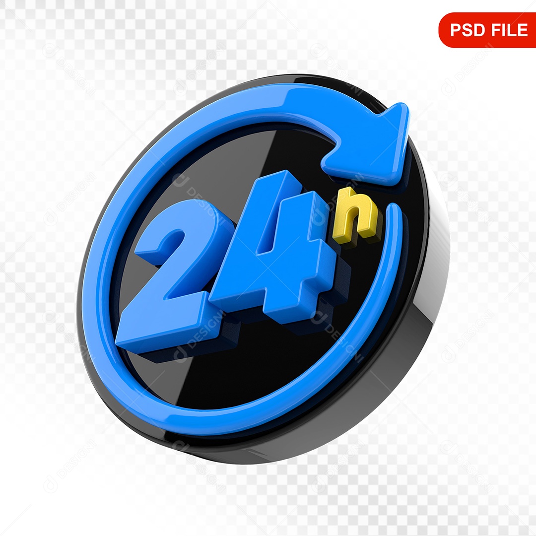 Elemento 3D Ícone Serviço 24 Horas Preto e Azul Para Composição PSD