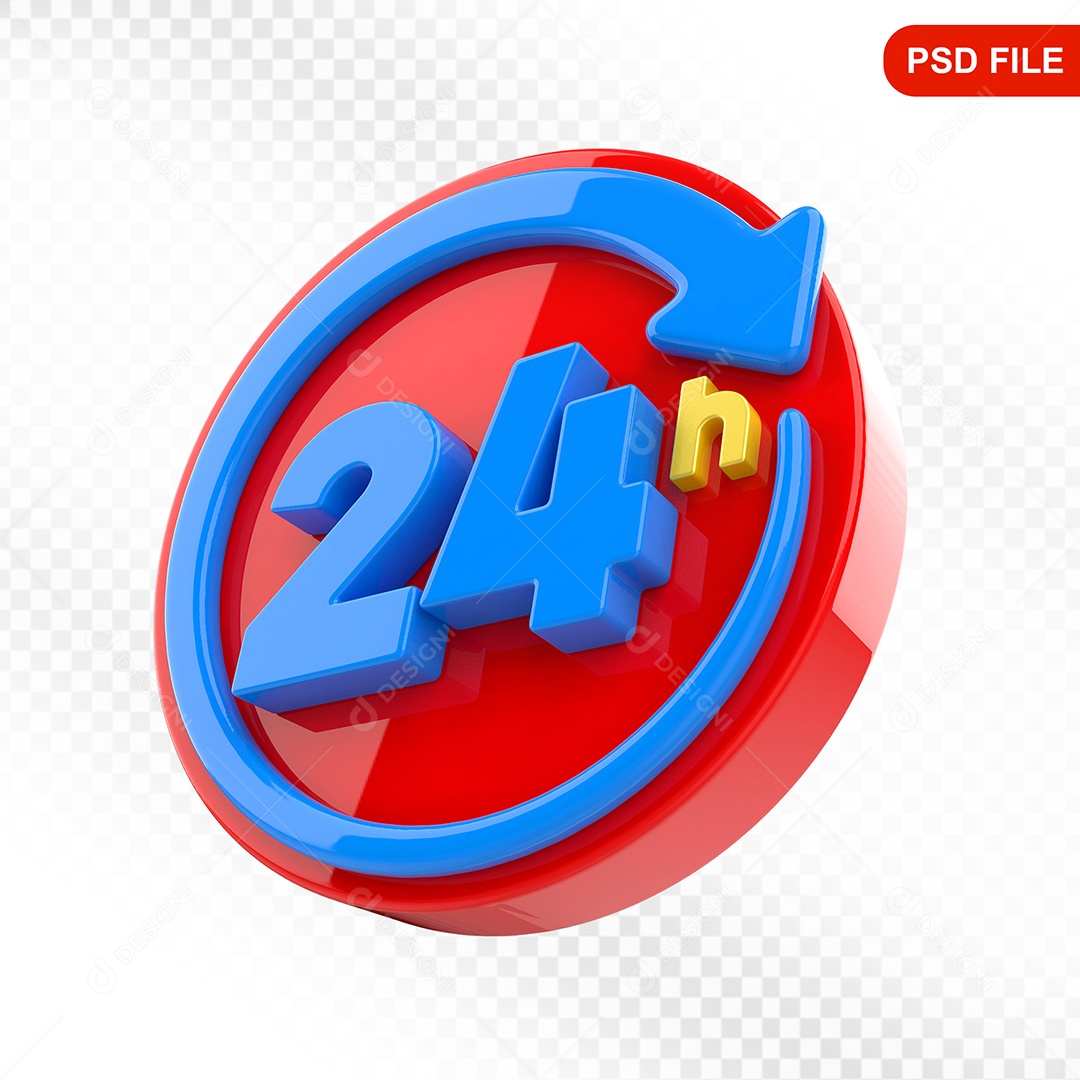 Elemento 3D Ícone Serviço 24 Horas Vermelho e Azul Para Composição PSD