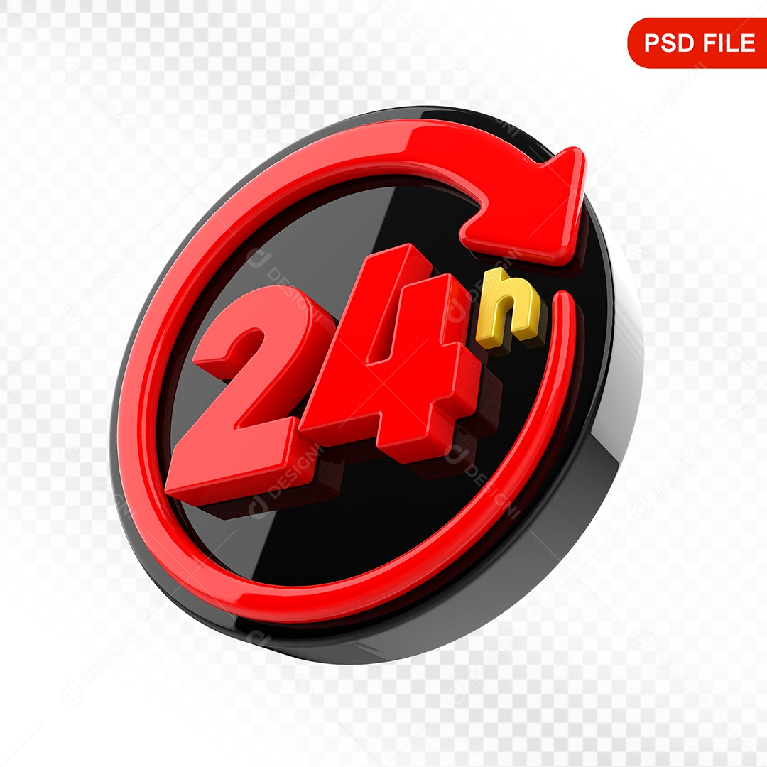 Elemento 3D Ícone Serviço 24 Horas Preto e Vermelho Para Composição PSD